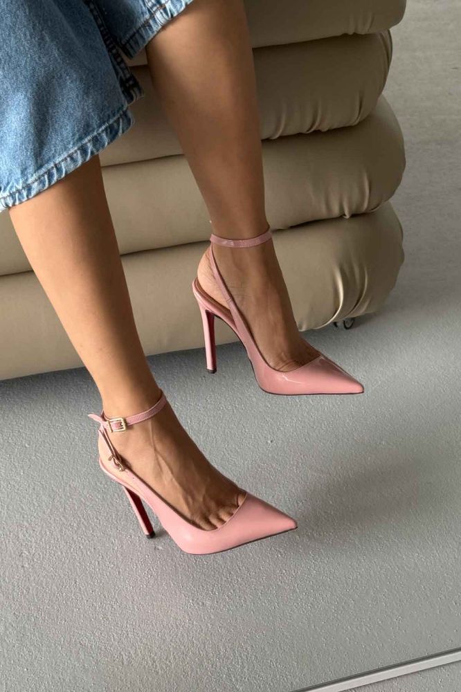 Zion Toka Detaylı İnce Topuk 12 Cm Pudra Rugan Stiletto resmi
