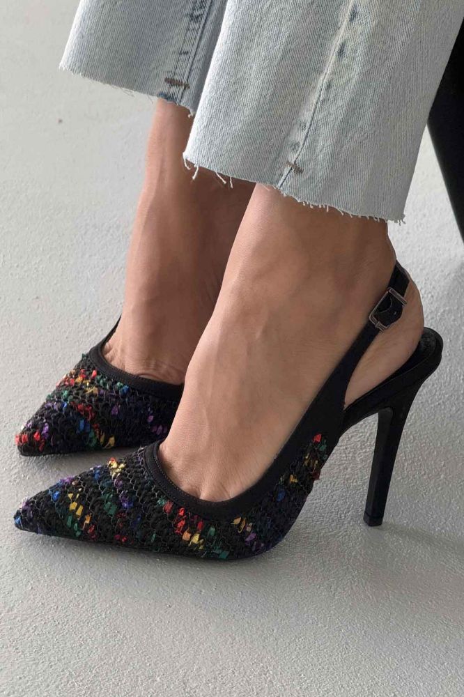Echo İnce Topuk 10 Cm Siyah Renkli Hasır Stiletto resmi