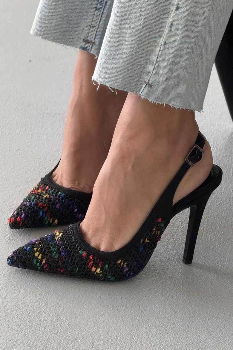 Echo İnce Topuk 10 Cm Siyah Renkli Hasır Stiletto resmi