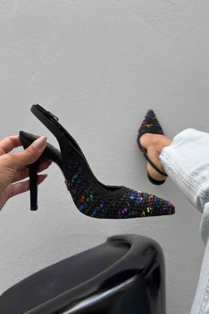 Echo İnce Topuk 10 Cm Siyah Renkli Hasır Stiletto resmi