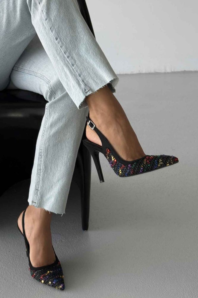 Echo İnce Topuk 10 Cm Siyah Renkli Hasır Stiletto resmi