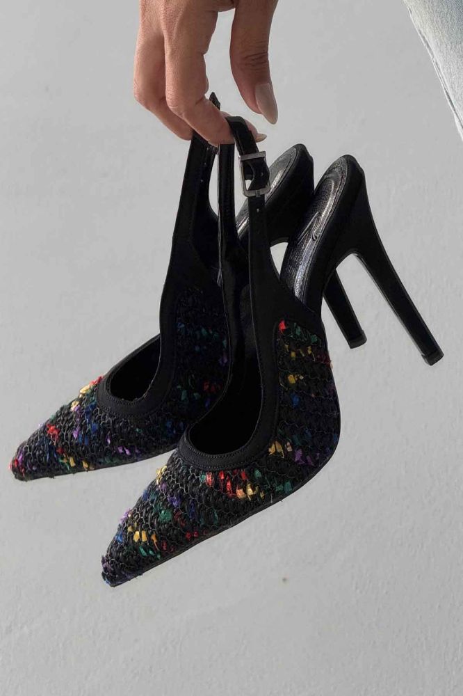 Echo İnce Topuk 10 Cm Siyah Renkli Hasır Stiletto resmi