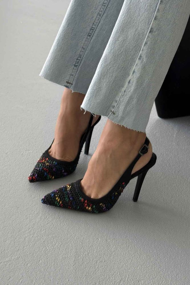 Echo İnce Topuk 10 Cm Siyah Renkli Hasır Stiletto resmi