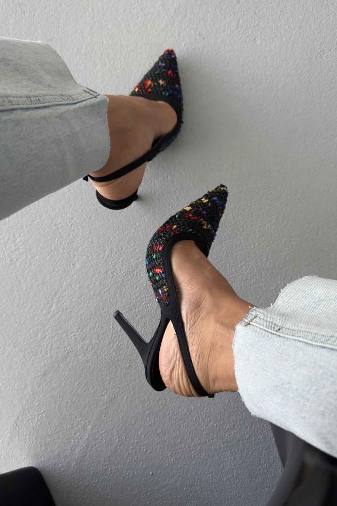 Echo İnce Topuk 10 Cm Siyah Renkli Hasır Stiletto resmi