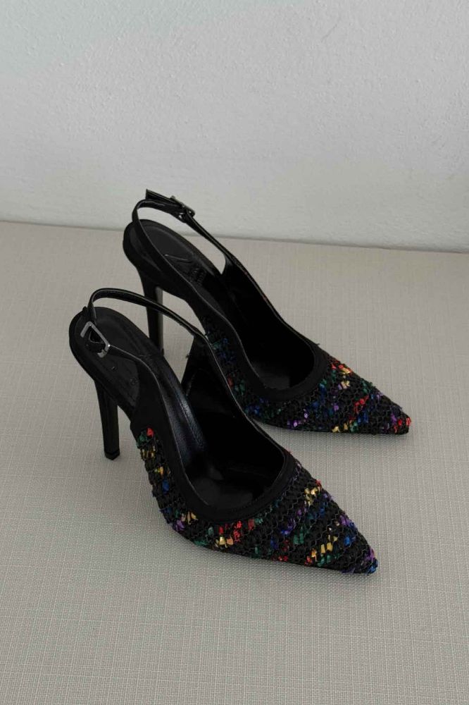 Echo İnce Topuk 10 Cm Siyah Renkli Hasır Stiletto resmi