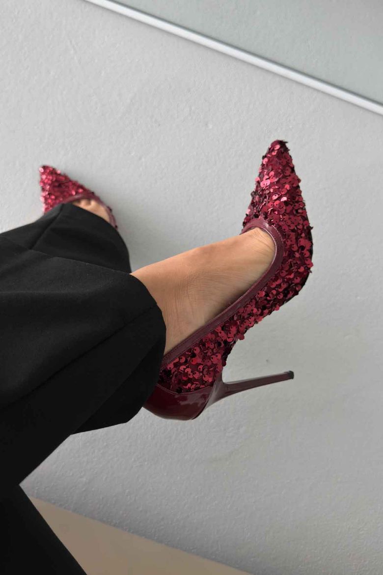 Nico İnce Topuk 10 Cm Bordo Payetli Stiletto resmi