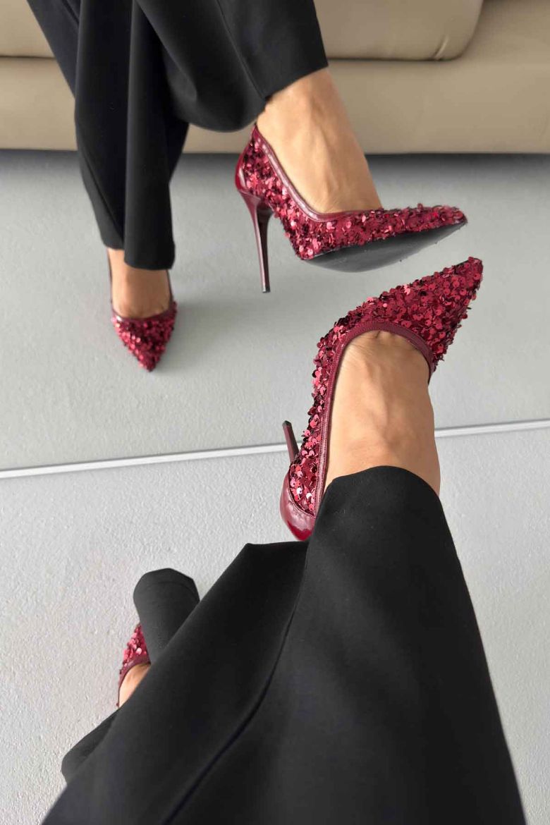 Nico İnce Topuk 10 Cm Bordo Payetli Stiletto resmi
