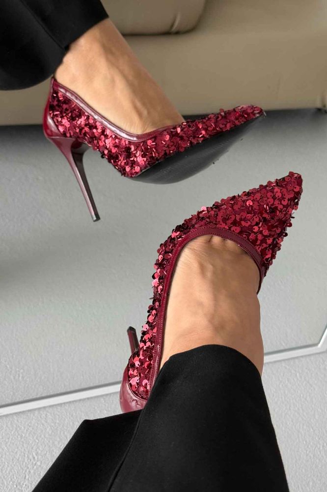 Nico İnce Topuk 10 Cm Bordo Payetli Stiletto resmi