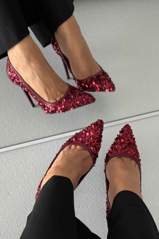 Nico İnce Topuk 10 Cm Bordo Payetli Stiletto resmi