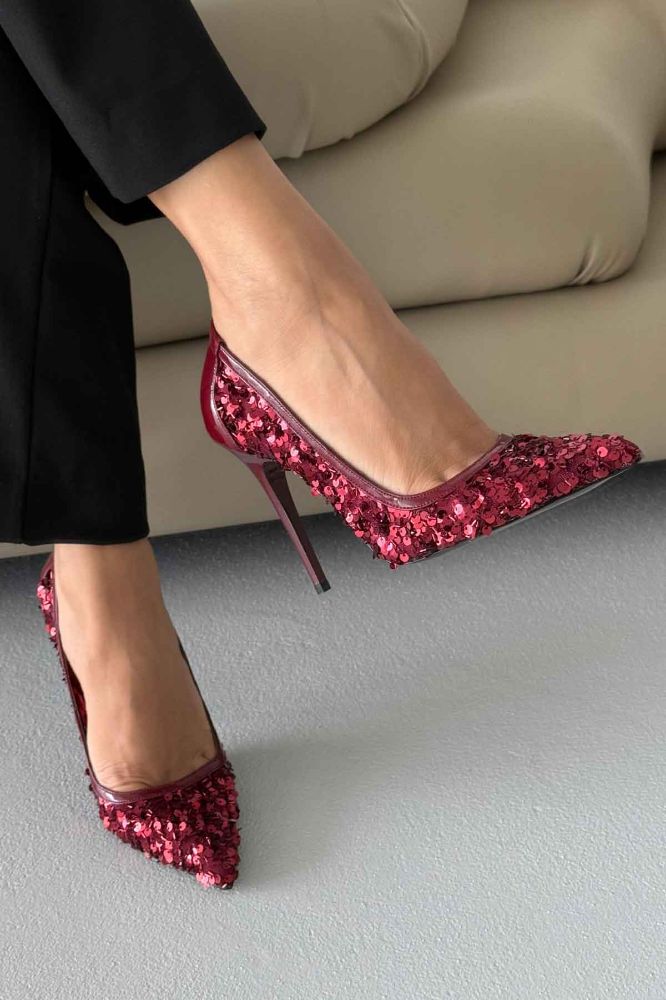Nico İnce Topuk 10 Cm Bordo Payetli Stiletto resmi