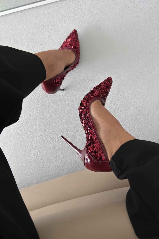 Nico İnce Topuk 10 Cm Bordo Payetli Stiletto resmi