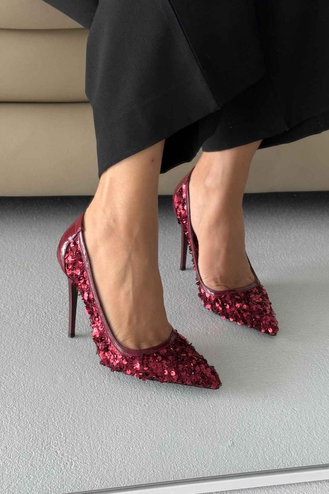Nico İnce Topuk 10 Cm Bordo Payetli Stiletto resmi