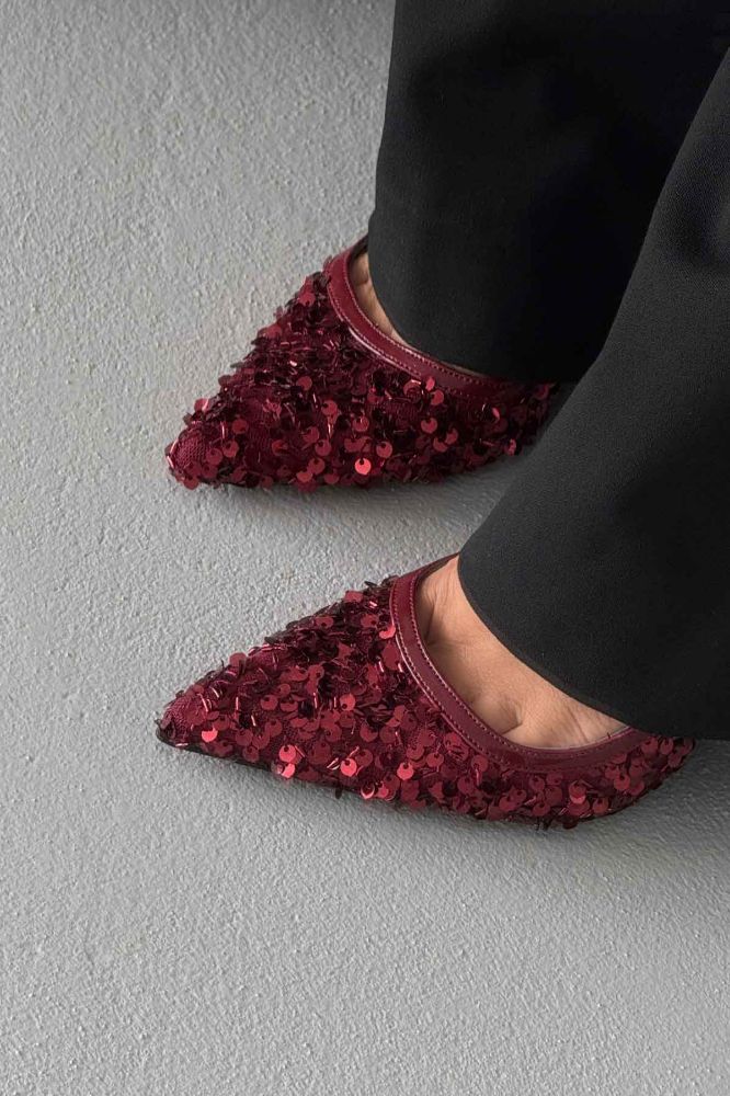 Nico İnce Topuk 10 Cm Bordo Payetli Stiletto resmi