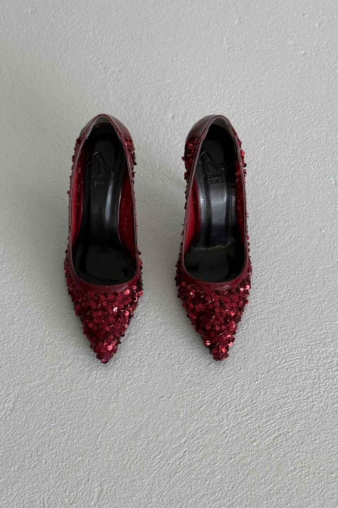 Nico İnce Topuk 10 Cm Bordo Payetli Stiletto resmi