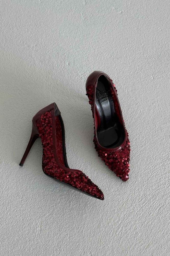 Nico İnce Topuk 10 Cm Bordo Payetli Stiletto resmi