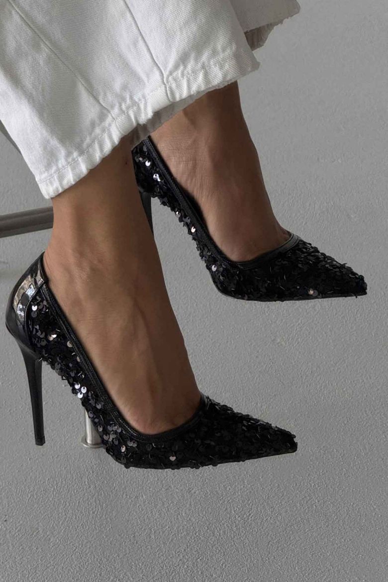 Nico İnce Topuk 10 Cm Siyah Payetli Stiletto resmi