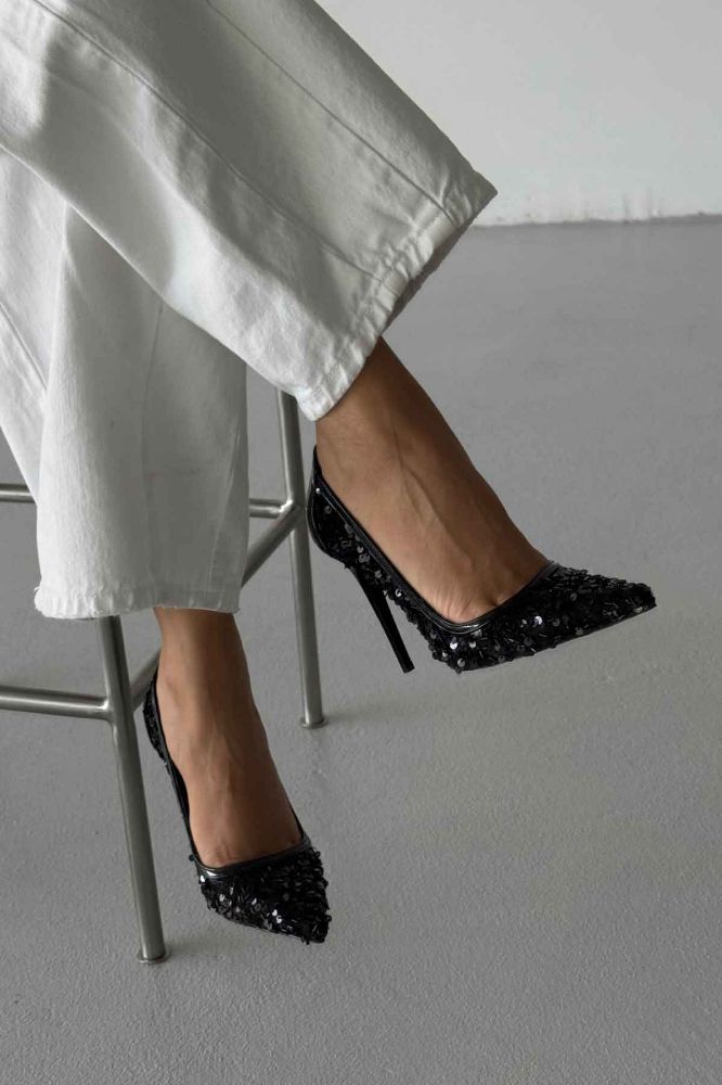 Nico İnce Topuk 10 Cm Siyah Payetli Stiletto resmi