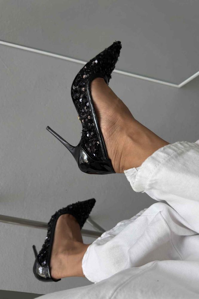 Nico İnce Topuk 10 Cm Siyah Payetli Stiletto resmi