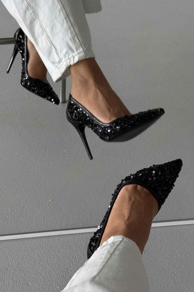 Nico İnce Topuk 10 Cm Siyah Payetli Stiletto resmi