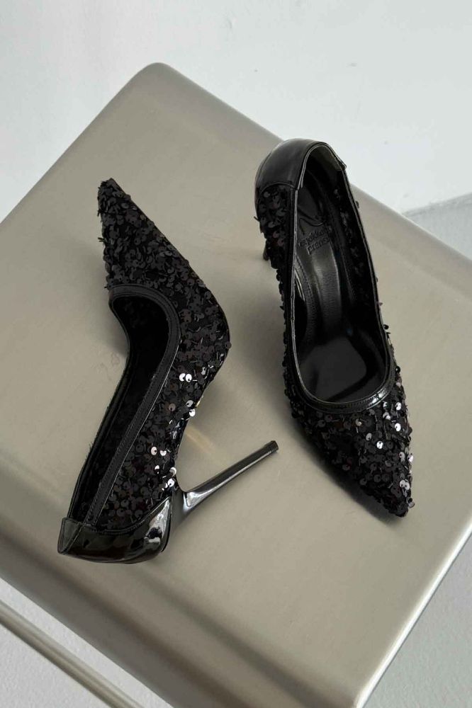 Nico İnce Topuk 10 Cm Siyah Payetli Stiletto resmi