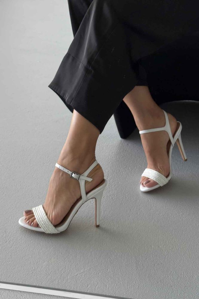 Tease Örgülü İnce Topuk 10 Cm Beyaz Topuklu Ayakkabı resmi