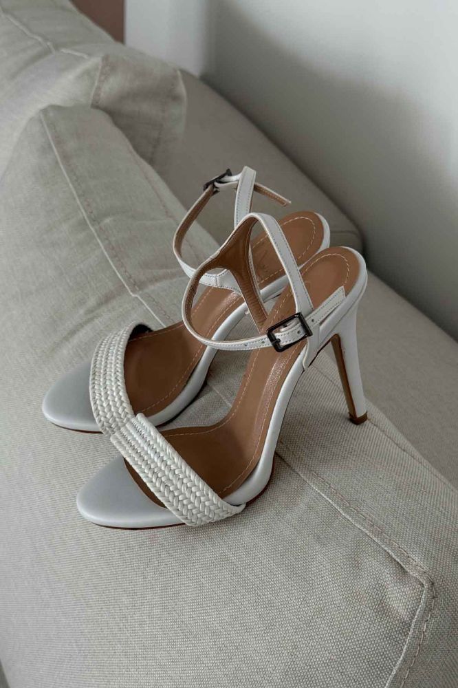 Tease Örgülü İnce Topuk 10 Cm Beyaz Topuklu Ayakkabı resmi