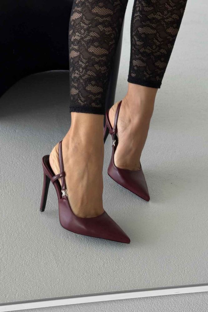 Waft Toka Detaylı İnce Topuk 12 Cm Bordo Mat Stiletto resmi