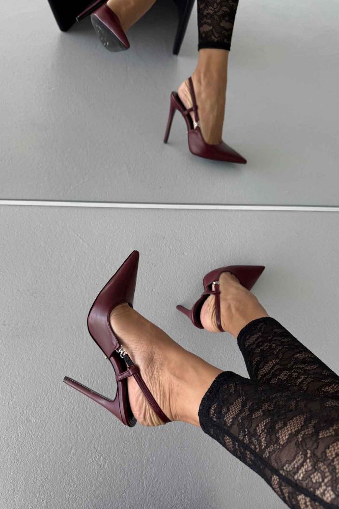 Waft Toka Detaylı İnce Topuk 12 Cm Bordo Mat Stiletto resmi