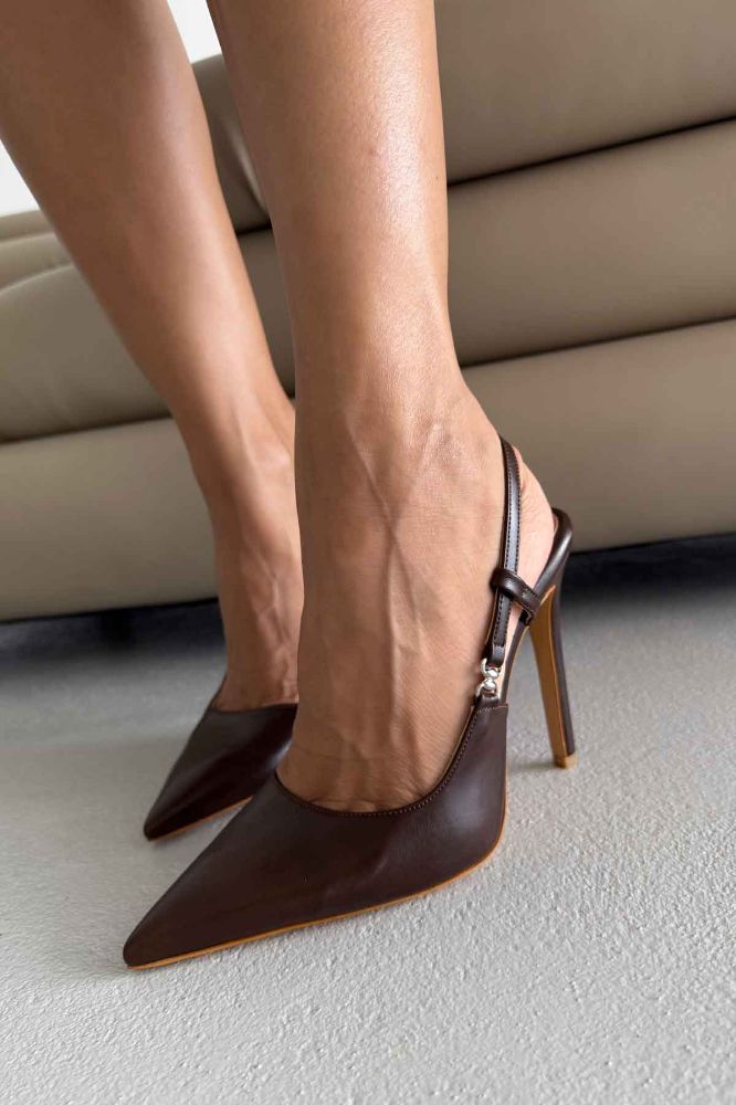 Waft Toka Detaylı İnce Topuk 12 Cm Acı Kahve Mat Stiletto resmi