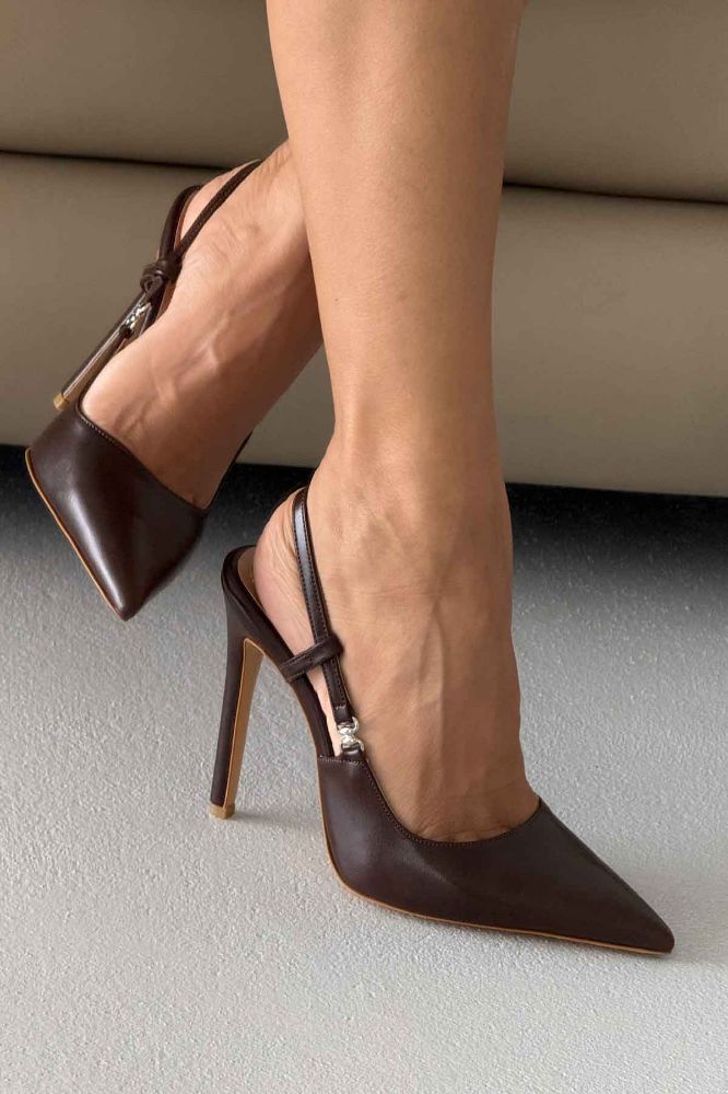 Waft Toka Detaylı İnce Topuk 12 Cm Acı Kahve Mat Stiletto resmi