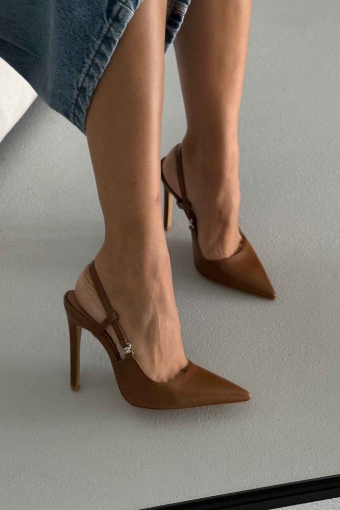 Waft Toka Detaylı İnce Topuk 12 Cm Taba Mat Stiletto resmi
