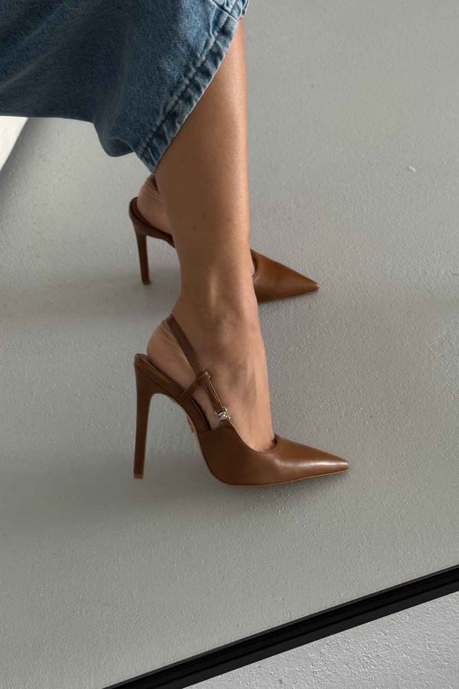 Waft Toka Detaylı İnce Topuk 12 Cm Taba Mat Stiletto resmi