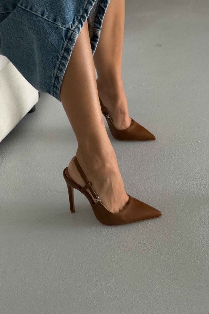 Waft Toka Detaylı İnce Topuk 12 Cm Taba Mat Stiletto resmi