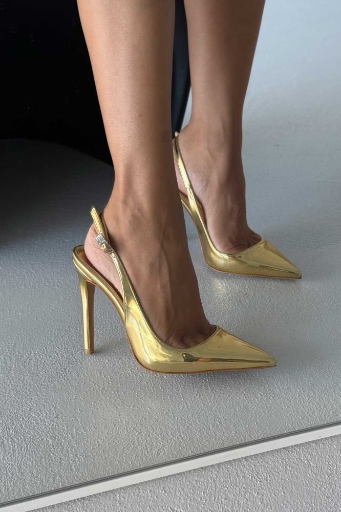 Awed Taşlı Toka Detaylı İnce Topuk 12 Cm Gold Stiletto resmi
