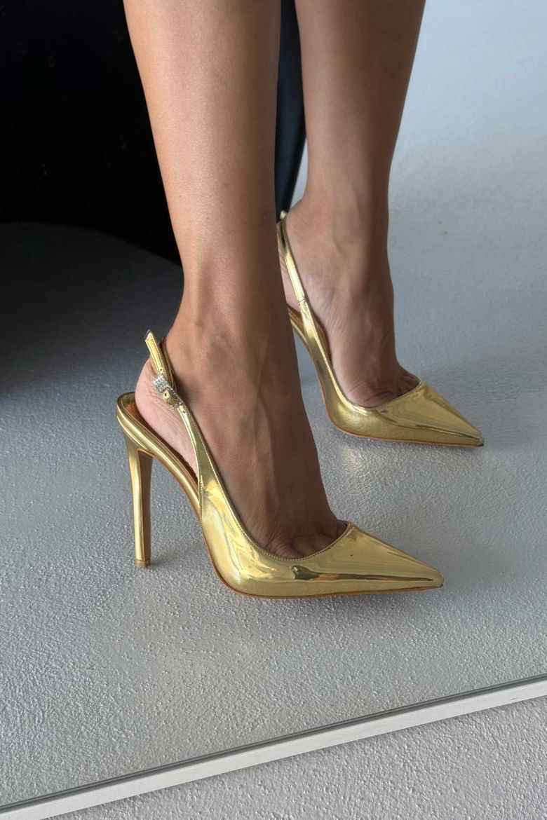 Awed Taşlı Toka Detaylı İnce Topuk 12 Cm Gold Stiletto resmi