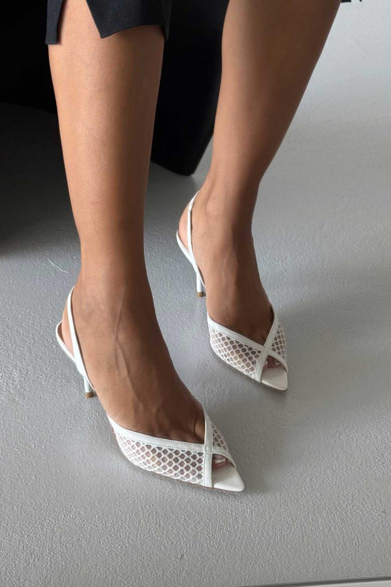Nina File Detaylı İnce Topuk 8 Cm Beyaz File Stiletto resmi