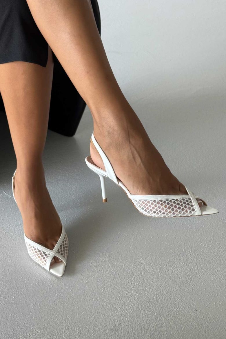Nina File Detaylı İnce Topuk 8 Cm Beyaz File Stiletto resmi