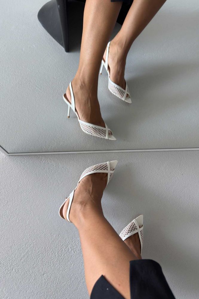 Nina File Detaylı İnce Topuk 8 Cm Beyaz File Stiletto resmi