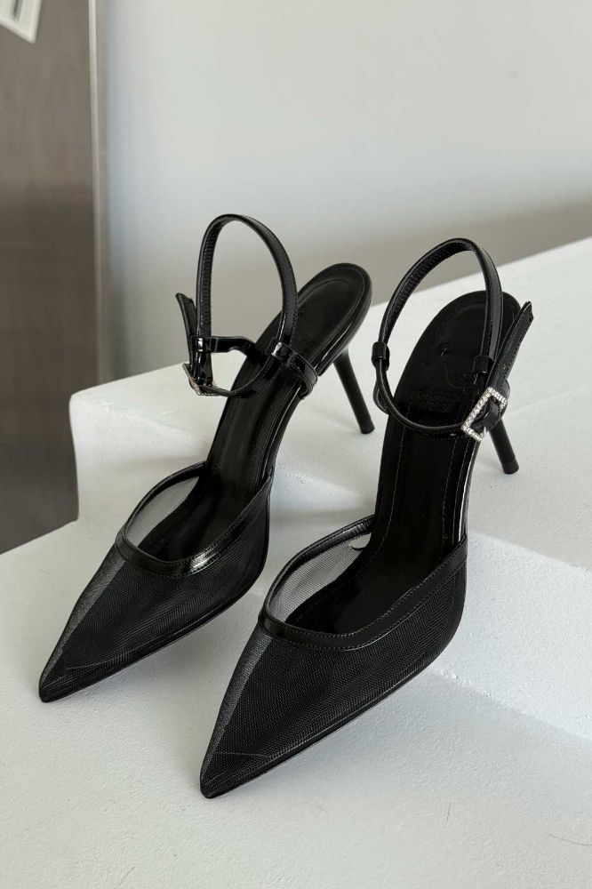 Holly File Detaylı İnce Topuk 8 Cm Siyah Rugan Stiletto resmi