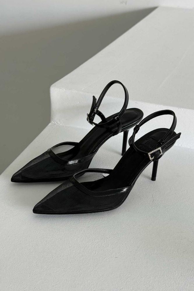 Holly File Detaylı İnce Topuk 8 Cm Siyah Rugan Stiletto resmi