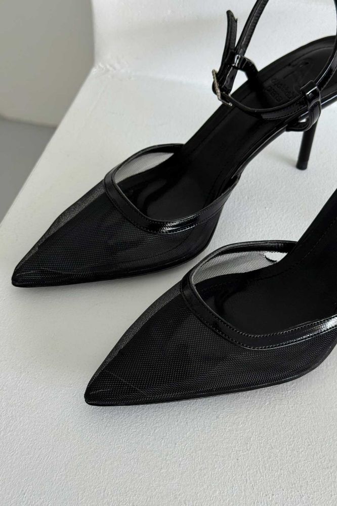 Holly File Detaylı İnce Topuk 8 Cm Siyah Rugan Stiletto resmi