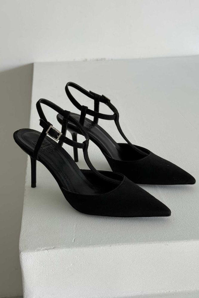 Laura Taşlı Tokalı İnce Topuk 8 Cm Siyah Süet Stiletto resmi
