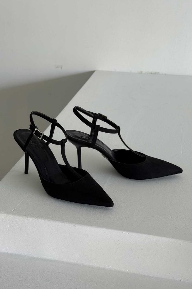 Laura Taşlı Tokalı İnce Topuk 8 Cm Siyah Süet Stiletto resmi
