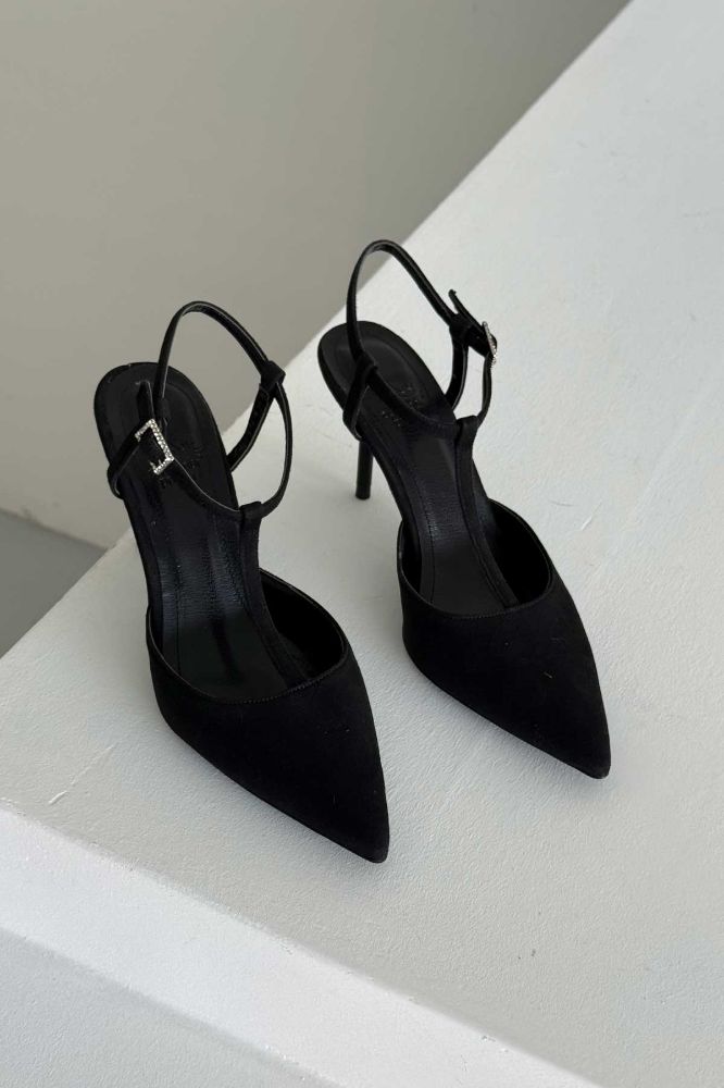 Laura Taşlı Tokalı İnce Topuk 8 Cm Siyah Süet Stiletto resmi