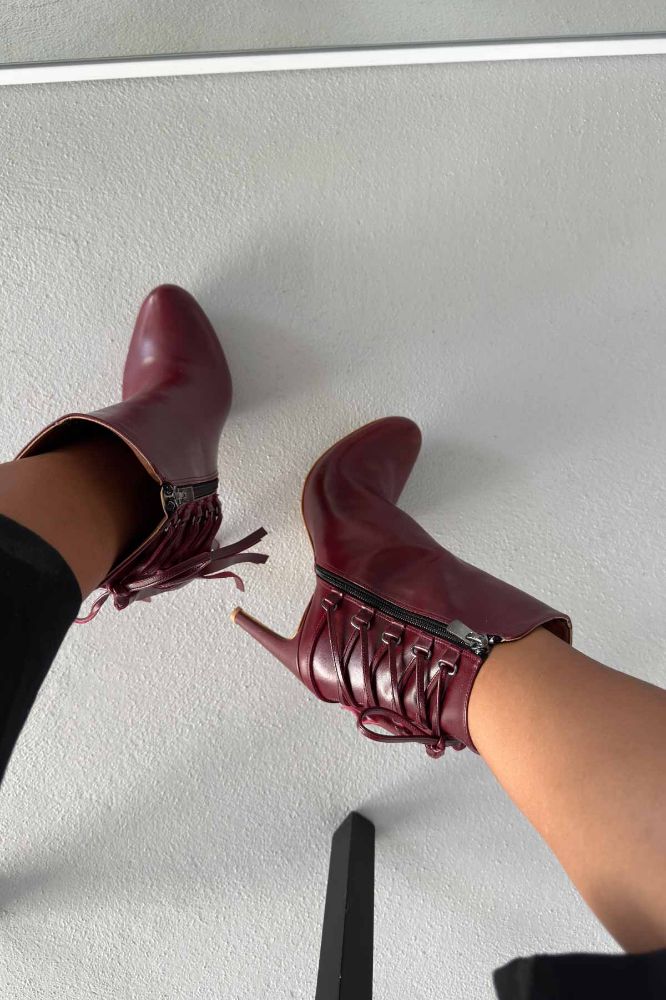 Tressed Bağcık Detaylı İnce Topuk 10 Cm Bordo Mat Bot resmi