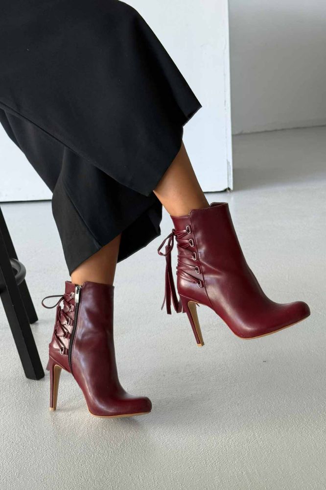 Tressed Bağcık Detaylı İnce Topuk 10 Cm Bordo Mat Bot resmi