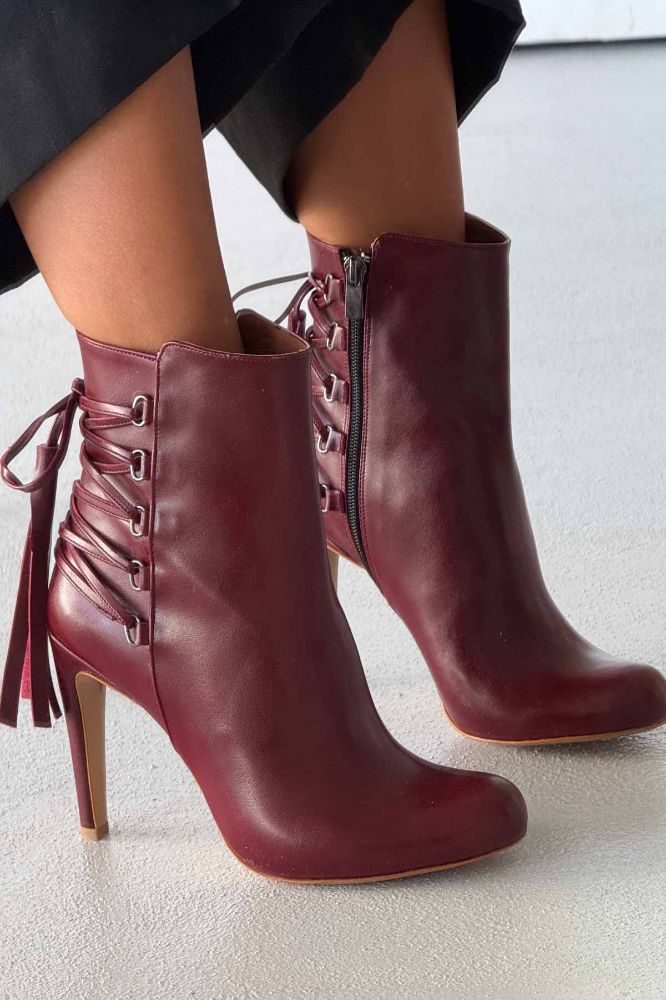 Tressed Bağcık Detaylı İnce Topuk 10 Cm Bordo Mat Bot resmi