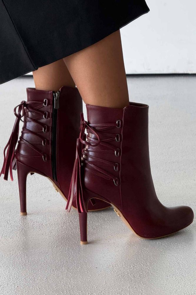 Tressed Bağcık Detaylı İnce Topuk 10 Cm Bordo Mat Bot resmi