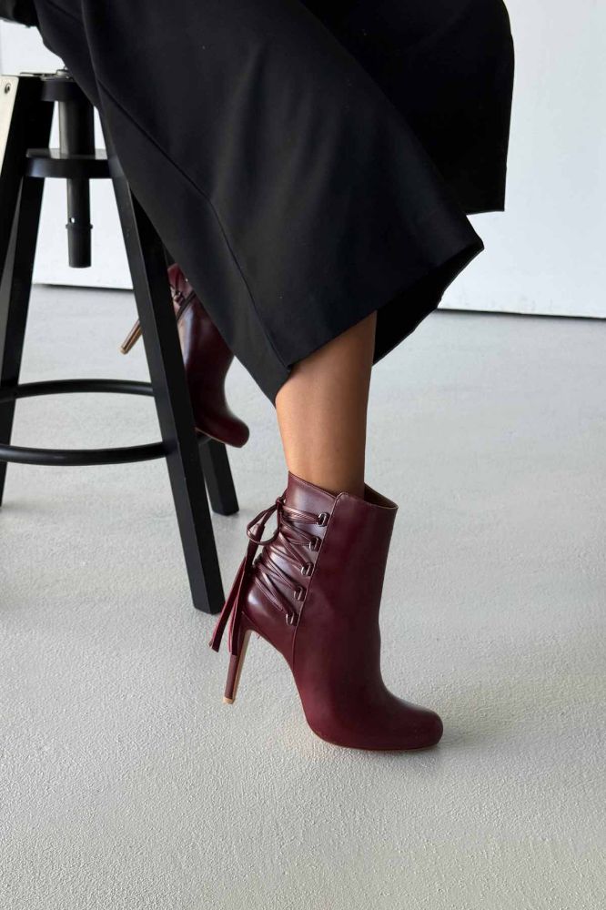 Tressed Bağcık Detaylı İnce Topuk 10 Cm Bordo Mat Bot resmi