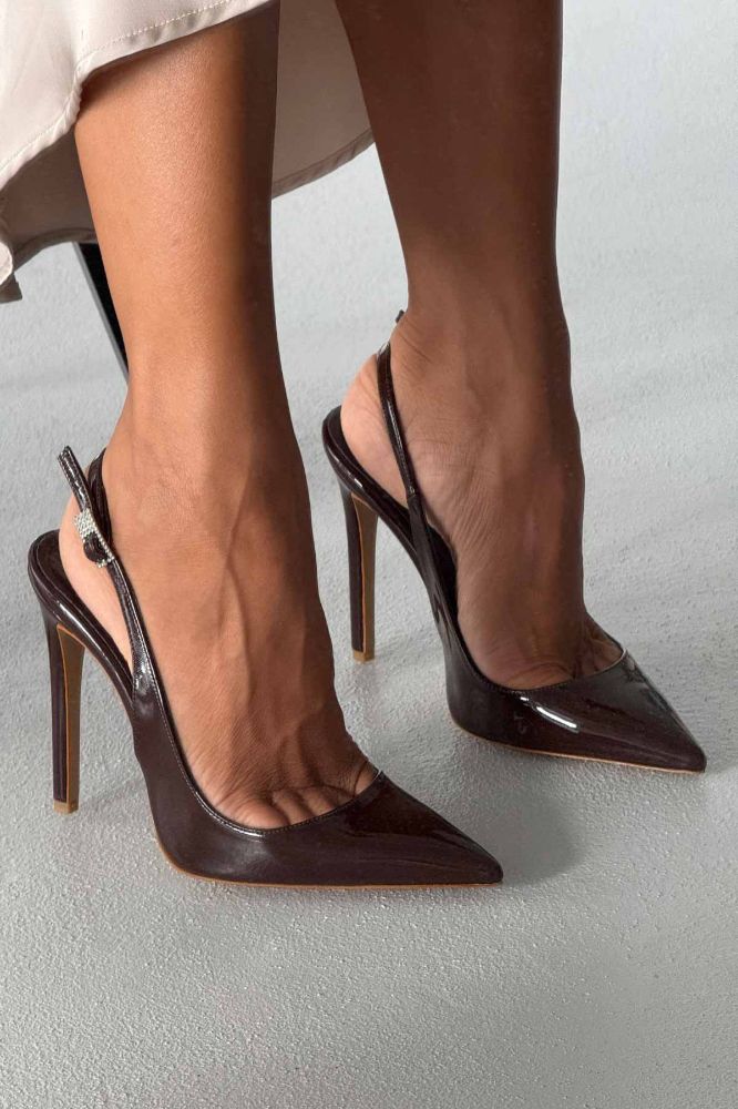 Awed Taşlı Toka Detaylı İnce Topuk 12 Cm Acı Kahve Rugan Stiletto resmi